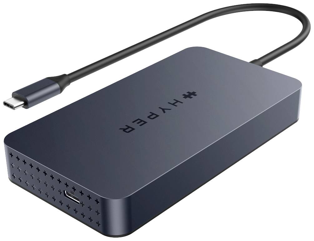 Kompaktný, čierny USB-C hub s viacerými portami a čiernym káblom, označený logom 'HYPR'.