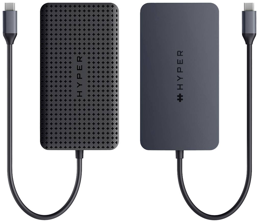 Dva prenosné nabíjačky značky Hyper s USB-C káblami, jedna v čiernej farbe so vzorom mriežky, druhá v tmavosivej farbe.
