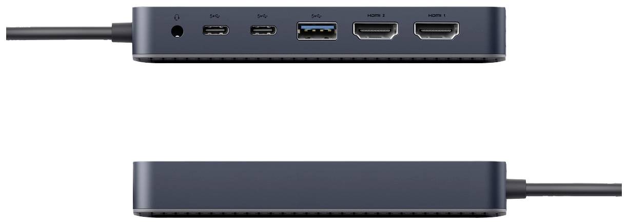 Čierne zariadenie má na prednej strane konektory: USB-C, USB-A, HDMI, DisplayPort a konektor pre slúchadlá.