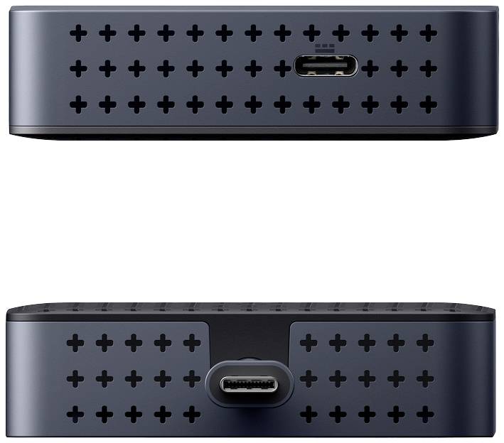 Externý pevný disk s USB-C portom, tmavosivý kryt s vetracími otvormi. Vhodný na ukladanie dát a rýchly prenos.