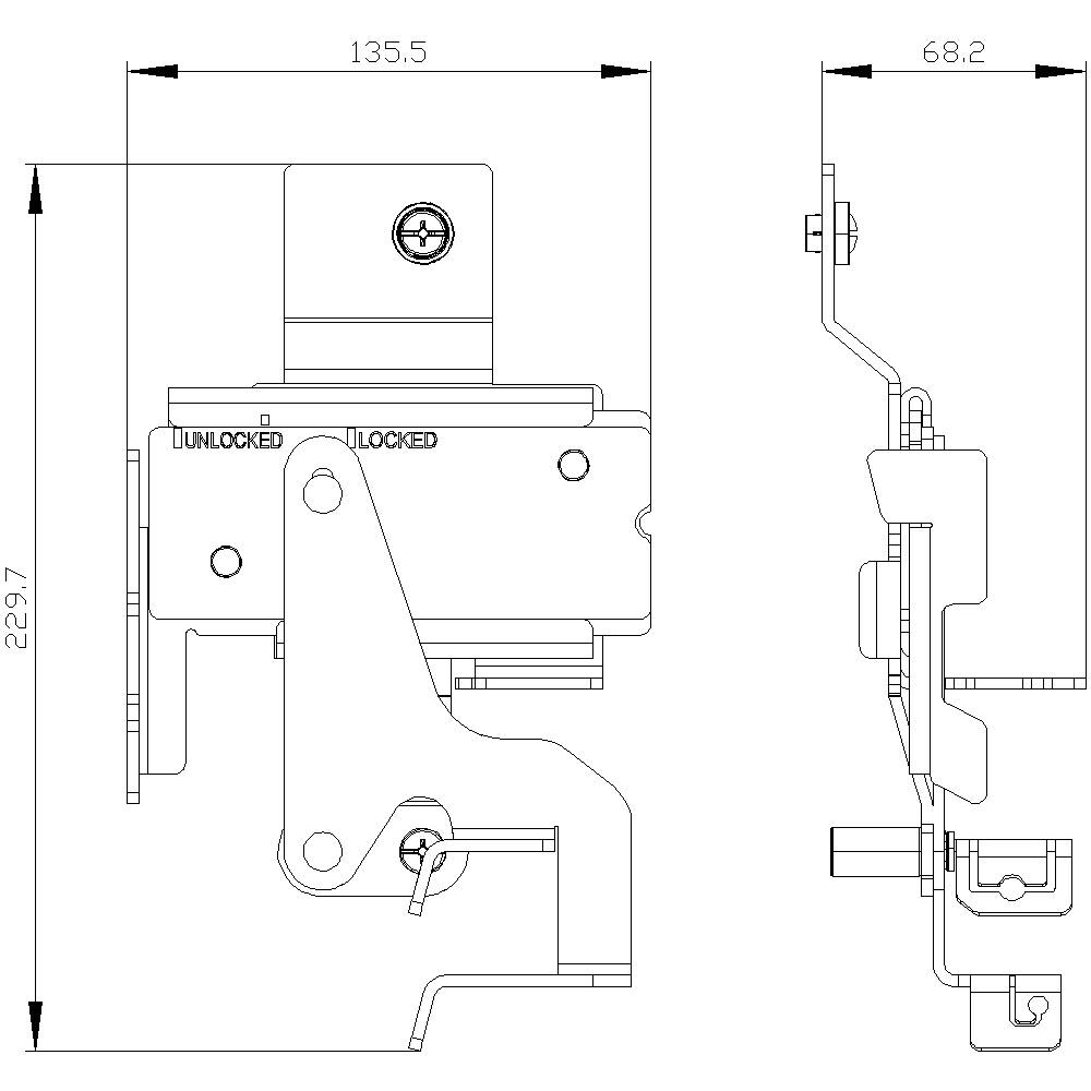 Technický výkres uzamykacieho mechanizmu s rozmermi v milimetroch. Zobrazuje pohľady spredu a z boku, označené ako 'odomknuté' a 'zamknuté'.