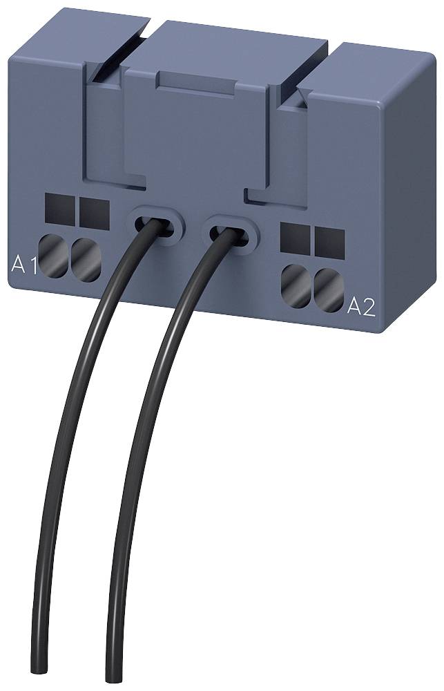 Modré elektrické relé s dvoma čiernymi vodičmi pripevnenými ku kontaktom 'A1' a 'A2'.