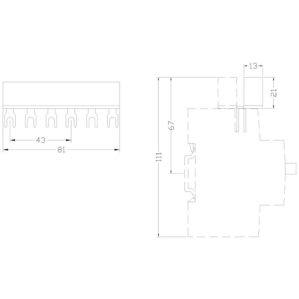 Technický výkres elektrického komponentu s rozmermi: 43 mm, 81 mm, 67 mm, 111 mm a 13 mm. Priečny rez a bokorys.