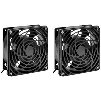 Dva čierne ventilátory s špirálovitými ochrannými mriežkami, umiestnené vedľa seba.
