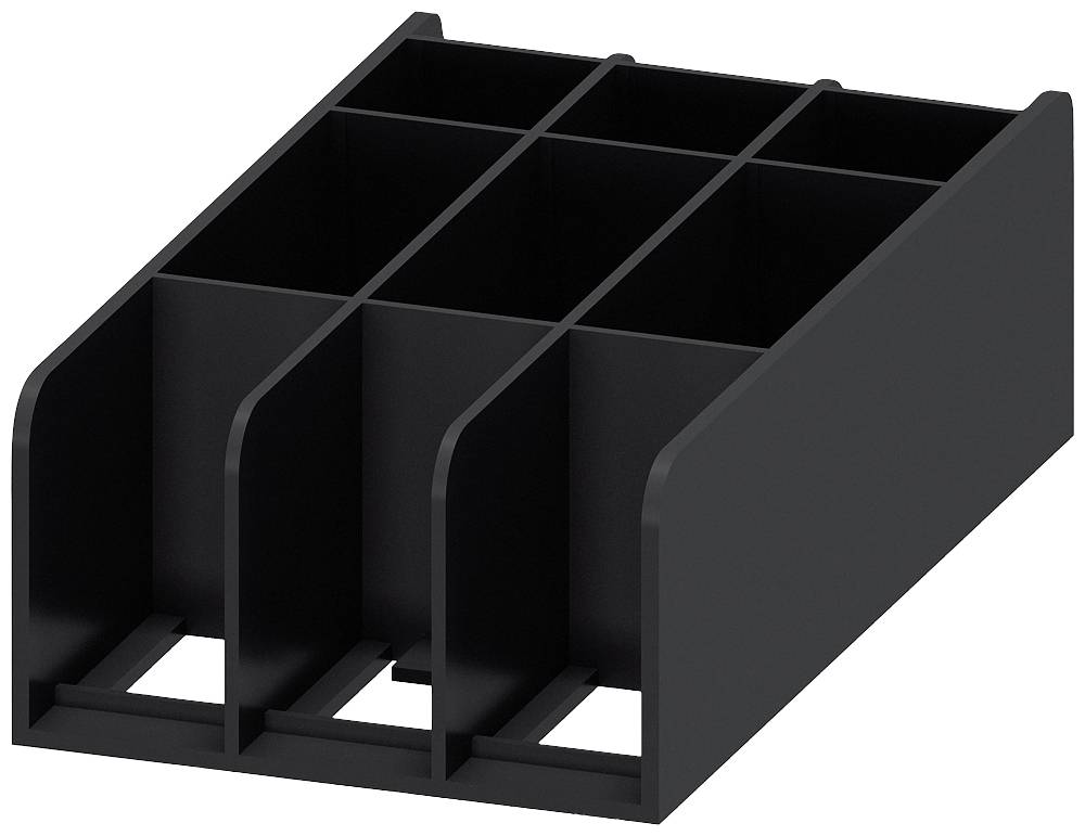 Čierny trojramenný stojan na dokumenty s otvorenými priehradkami na vertikálne uloženie papierov alebo dokumentov na písacom stole.