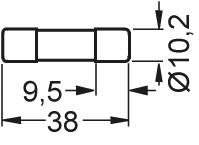Diagram valcovej poistky s rozmermi: dĺžka 38 mm, šírka 9,5 mm, priemer 10,2 mm.