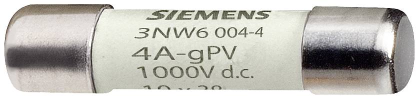 Poistka od Siemensu, model 3NW6 004-4, s hodnotou 4A-gPV a 1000V DC, valcovitého tvaru s kovovými koncovkami na oboch stranách.