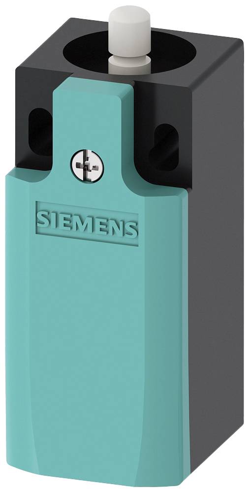 Tyrkysový spínač Siemens s čiernym a bielym prvkom, vertikálne orientovaný.
