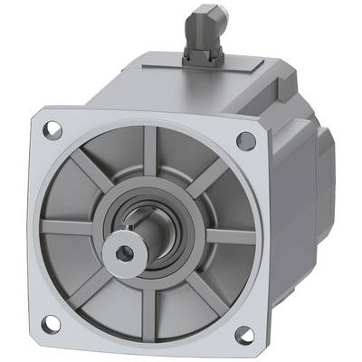 Šedý kovový elektromotor so štvorcovou montážnou doskou a centrálnou hriadeľou, zobrazený v perspektívnom pohľade.