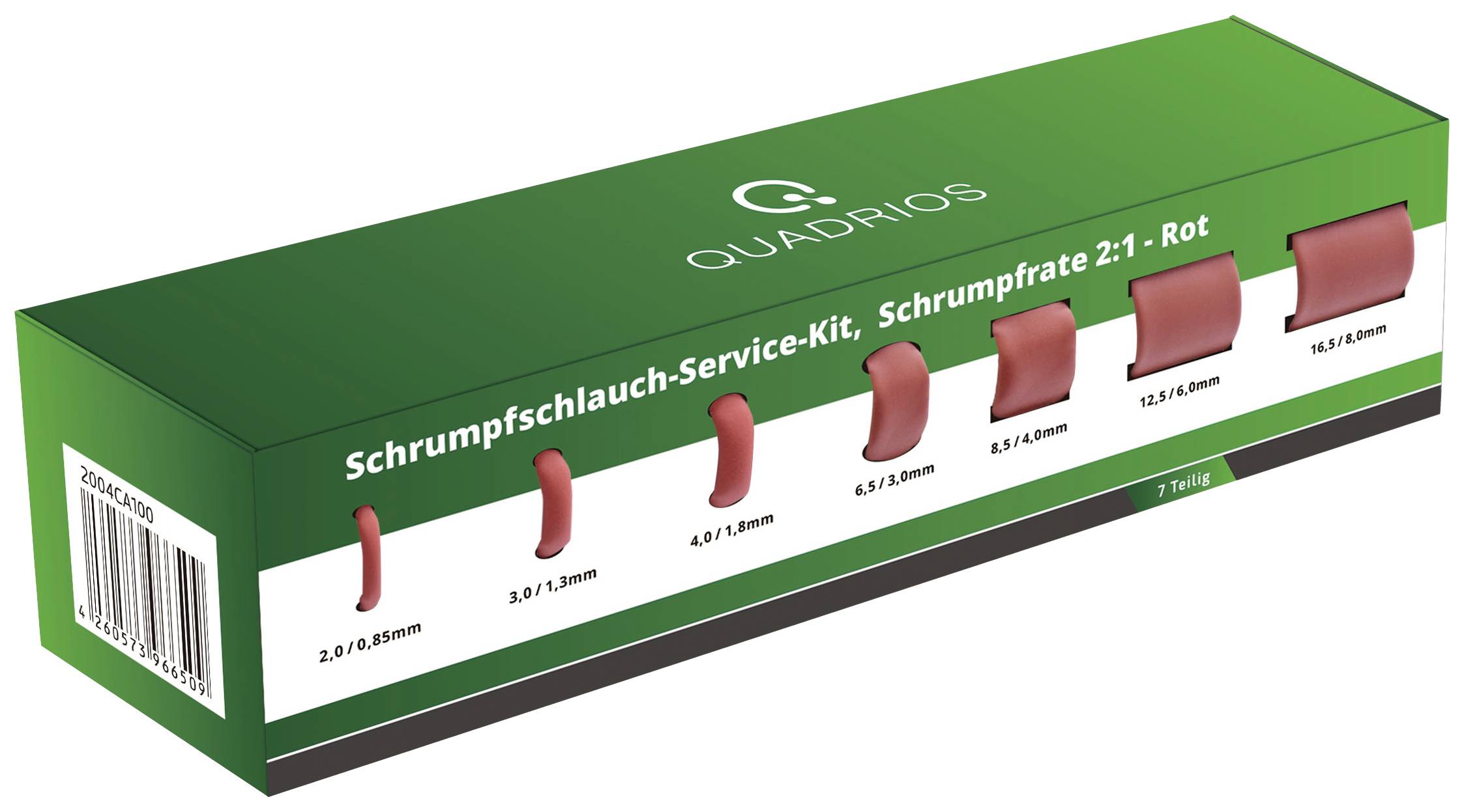 Zmršťovacie hadice servisná sada od Quadrios: Sedem červených zmršťovacích hadíc v rôznych veľkostiach prezentovaných na zelenom kartóne.