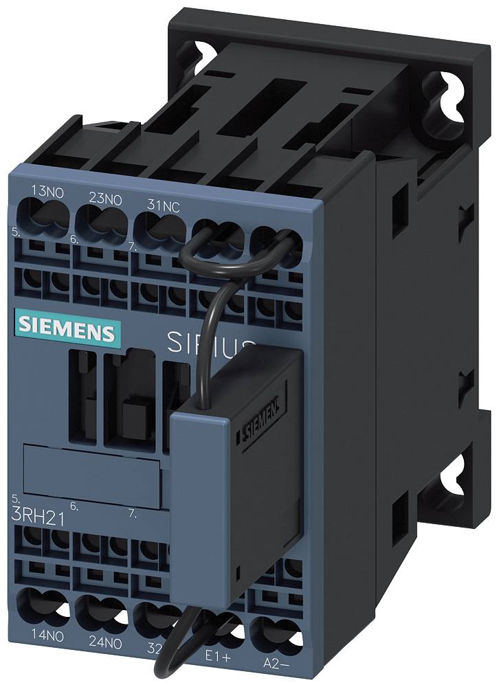 'Stýkač Siemens, model SIRIUS s modrou prednou stranou a čiernymi pripojeniami. Používa sa v priemyselných aplikáciách na riadenie elektrických obvodov.'
