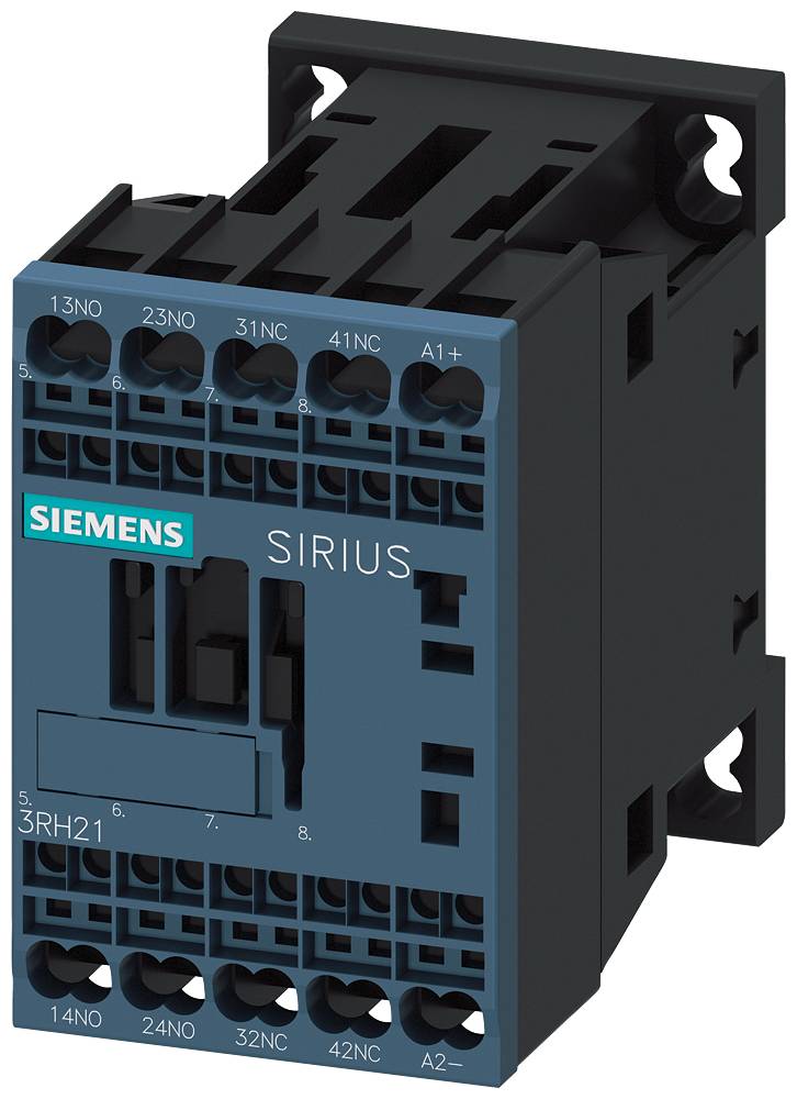 Čierne a modré elektrické zariadenie so logom 'Siemens', fialovými konektormi hore, modelové označenie 'SIRIUS', sériové číslo 3RH21.