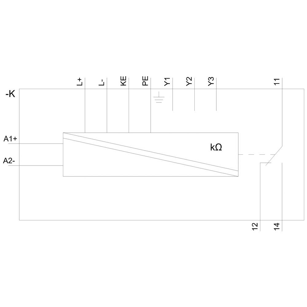 Schéma elektrického spínacieho systému s prípojkami ako L+, L-, KE, PE a odpormi v kΩ.
