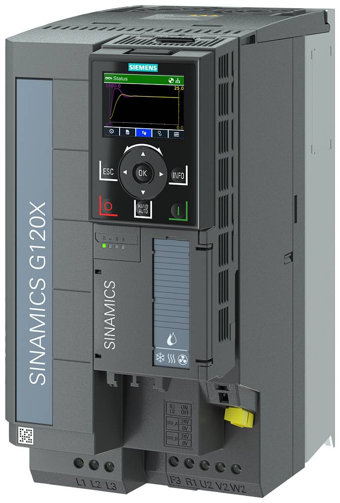 Frekvenčný menič Siemens SINAMICS G120X zobrazuje displej s grafickou krivkou a stavovými informáciami.