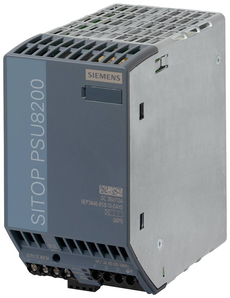Napájací zdroj Siemens SITOP PSU8200, 36V DC, 10A. Kompaktný dizajn, šedý kryt s vetracími otvormi. Vhodný pre priemyselné aplikácie.