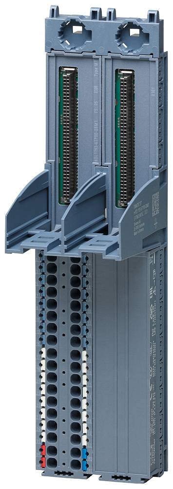 Vertikálny elektronický komponent, pravdepodobne modul alebo pripojovací blok, s konektormi a farebne označenými vstupmi.