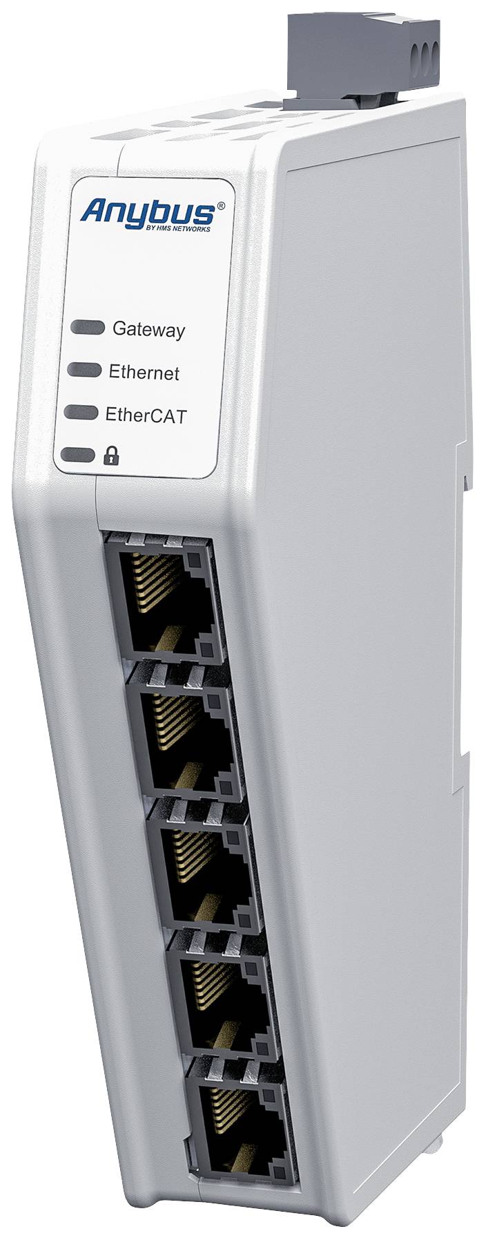 Anybus sieťový adaptér s viacerými ethernetovými a EtherCAT portami, LED indikátormi pre stav brány, ethernetového a EtherCAT pripojenia.