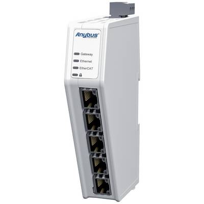 Anybus sieťový adaptér s viacerými ethernetovými a EtherCAT portami, LED indikátormi pre stav brány, ethernetového a EtherCAT pripojenia.