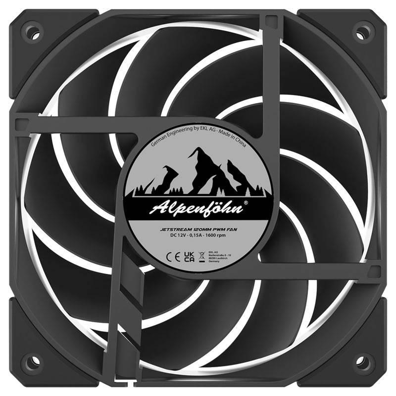 Čierny PC ventilátor s bielym špirálovým vzorom, názov značky 'Alpenföhn' v strede, technické špecifikácie nižšie.
