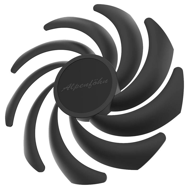 Čierny PC ventilátor s jedenástimi zakrivený mi lopatkami, pohľad spredu. Primárne funkčná úloha chladenia počítačových komponentov.