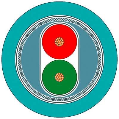 Diagram invertora CMOS s dvoma tranzistormi - červeným a zeleným - usporiadanými v symbole elektrického obvodu.
