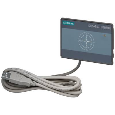 Čítačka Siemens Simatic RF1060R s USB káblom. Zariadenie na zber RFID dát. Sivej farby, s krátkym USB portom.
