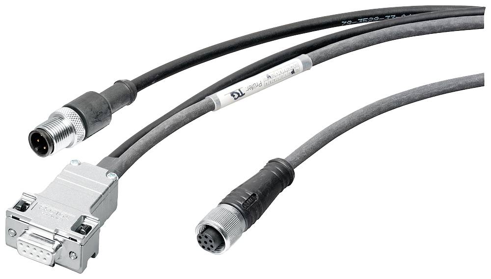 Sivý elektronický kábel s rôznymi konektormi na koncoch, vhodný pre priemyselné aplikácie.