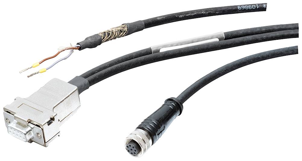 Kábel so zmiešaným konektorom D-Sub a guľatým konektorom, vhodný pre špecifické elektronické pripojenia.