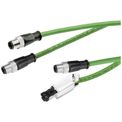 Zelený ethernetový kábel so zástrčkami M12 a RJ45 od spoločnosti Stäubli, vhodný pre priemyselné aplikácie.