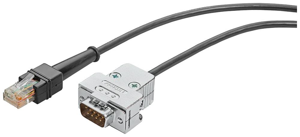 Kábel s RJ45 konektorom na jednej strane a 9-pólovým D-Sub konektorom na druhej strane, vhodný pre prenos dát.