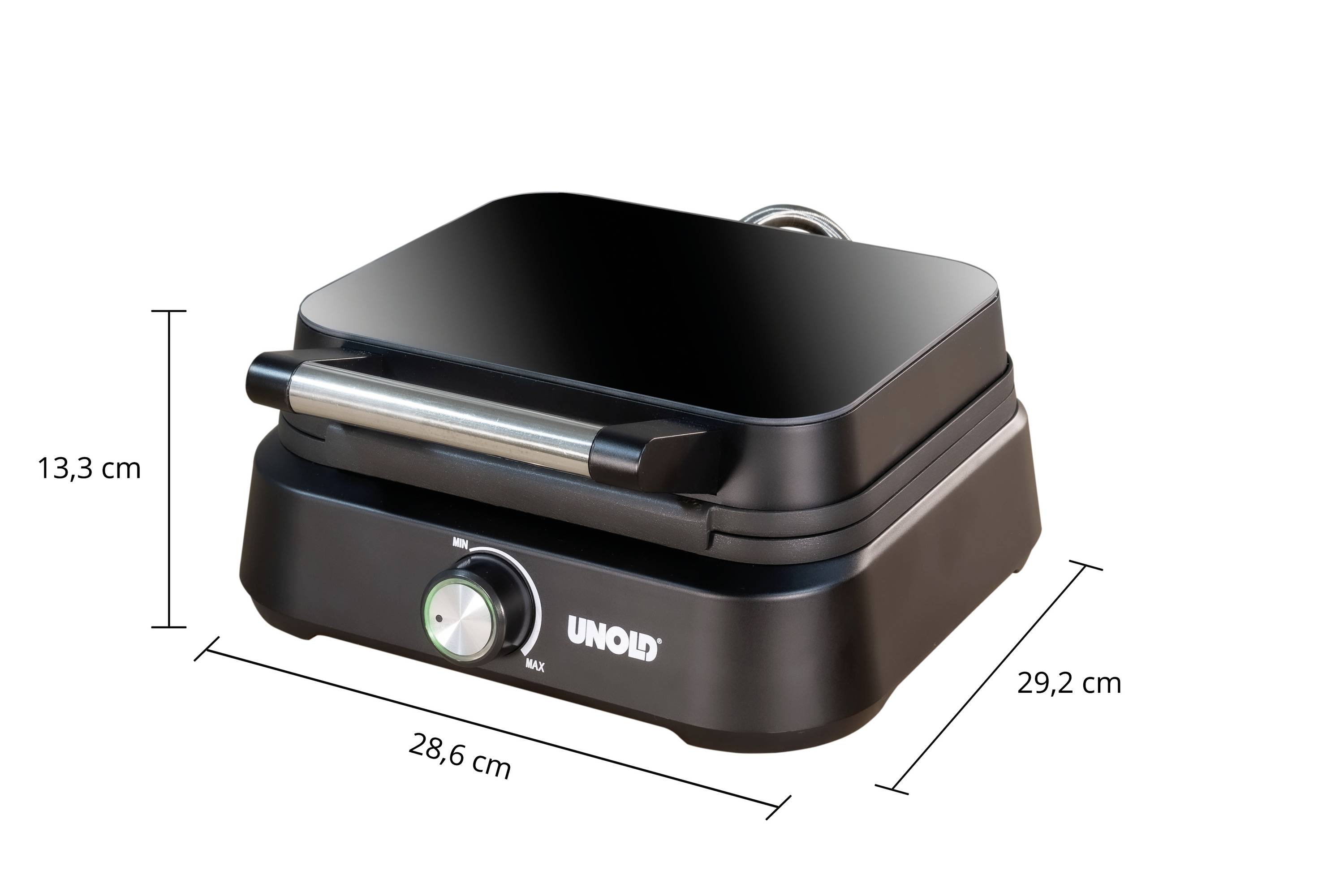 Čierny kontaktný gril so strieborným držadlom a otočným gombíkom. Rozmery: výška 13,3 cm, šírka 28,6 cm, hĺbka 29,2 cm. Značka UNOLD.