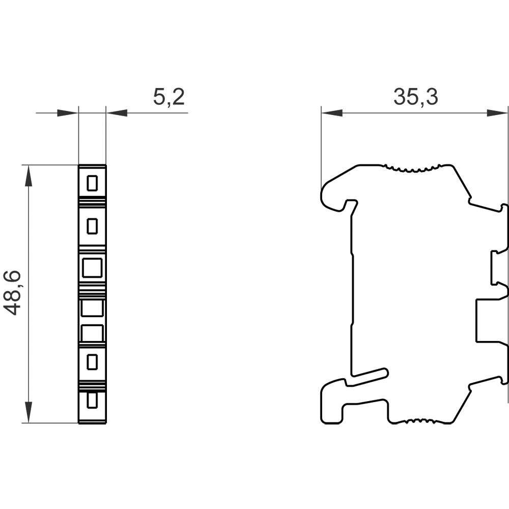 Technický výkres profilu. Vľavo: bočný pohľad s rozmermi. Vpravo: priečny rez, rozmery 48,6x35,3 mm a šírka 5,2 mm.