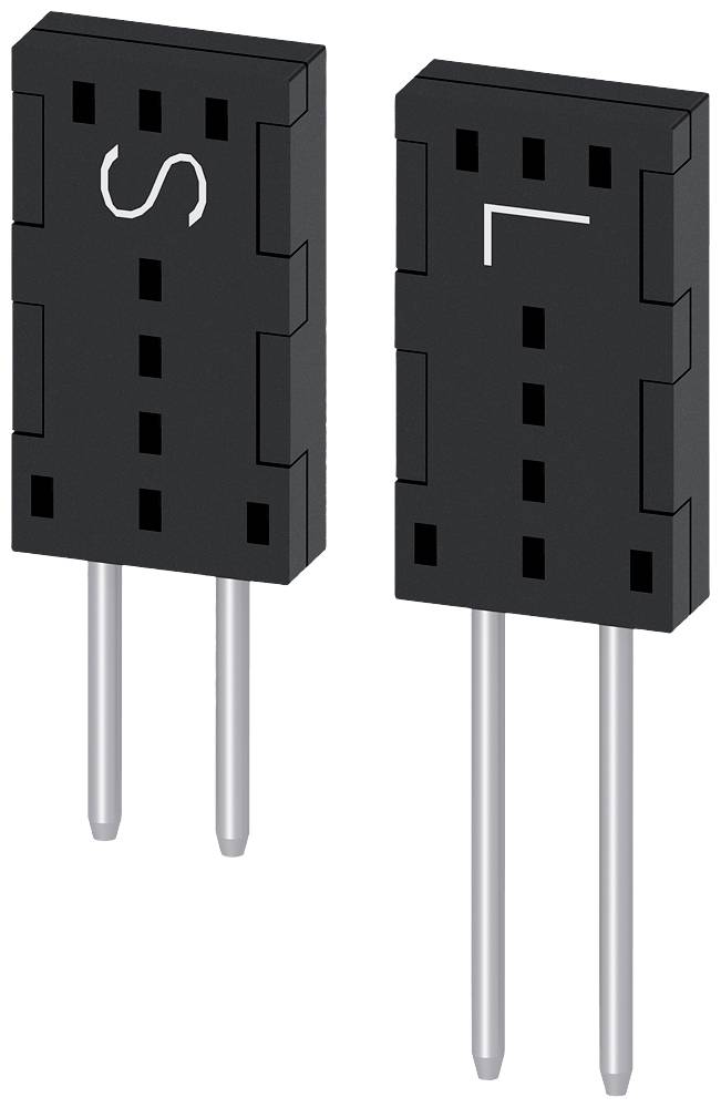 Dva čierne elektronické komponenty s kovovými kolíkmi; jeden je označený písmenom 'S' a druhý písmenom 'L'. Oba sú obdĺžnikového tvaru.