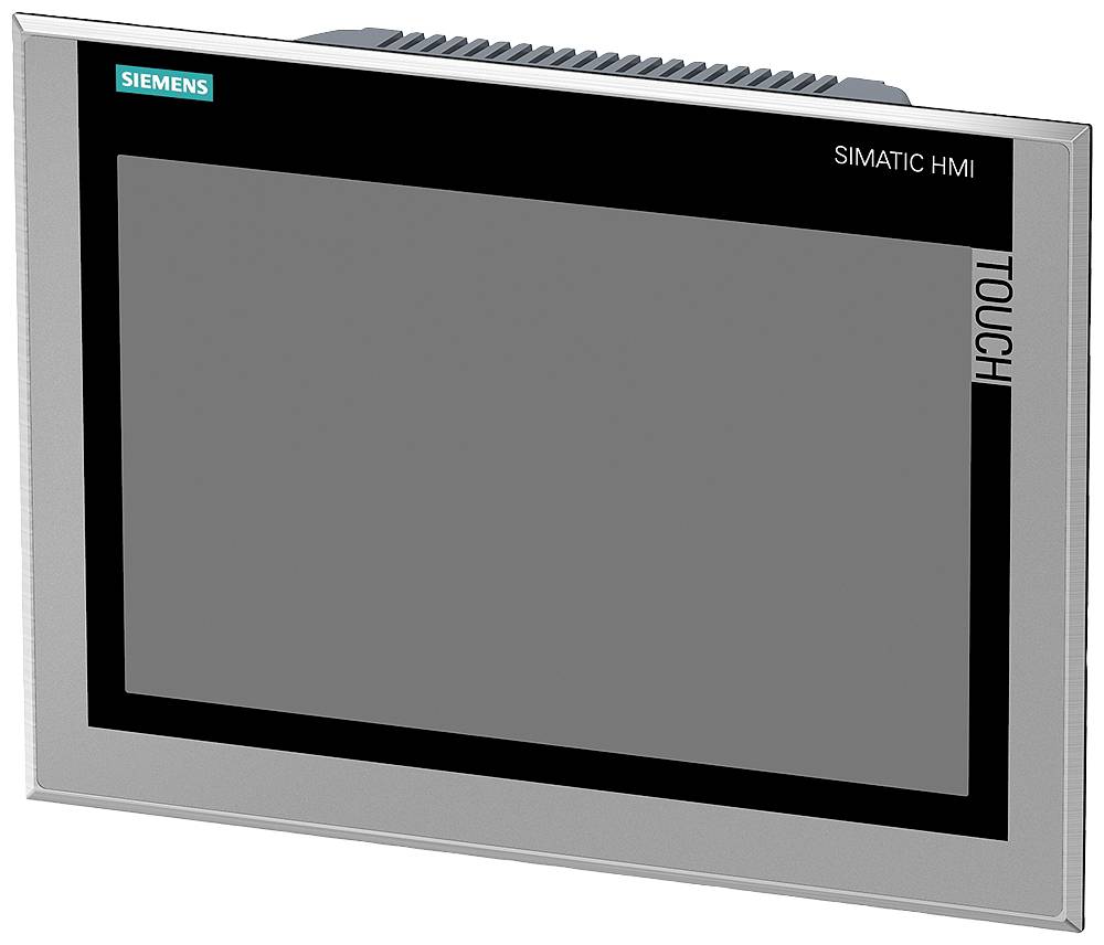 Obdĺžnikové dotykovej zariadenie Siemens SIMATIC HMI, prevažne sivej farby, s čiernym okrajom na hornej a bočnej strane.