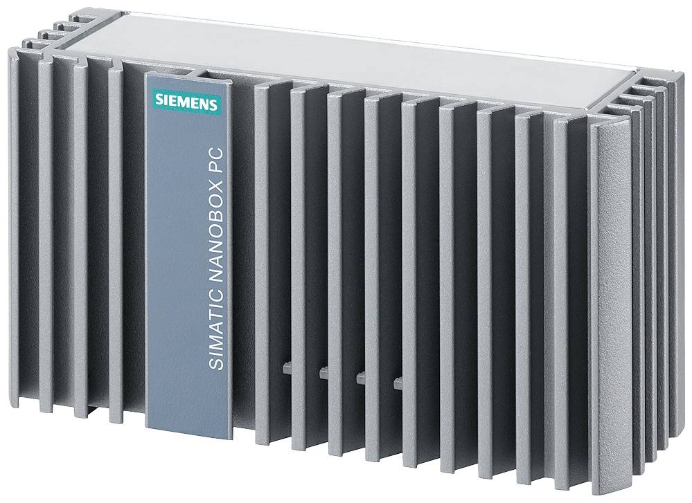 Sivý Siemens SIMATIC NanoBox PC s chladiacimi rebrami, určený pre kompaktné priemyselné počítačové aplikácie.