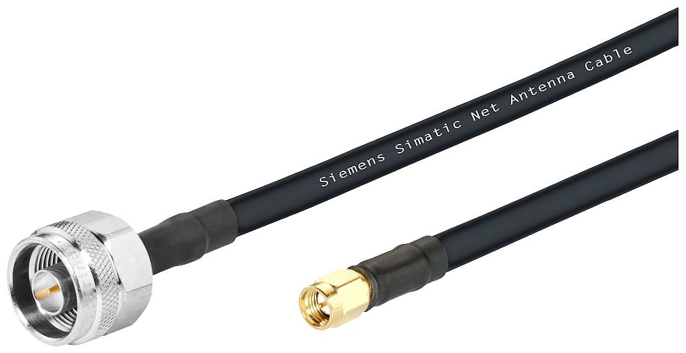 Anténový kábel s koaxiálnym konektorom vľavo a pozláteným konektorom vpravo, vhodný pre aplikácie Siemens Simatic Net.