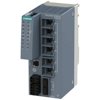 Sieťový prepínač Siemens SCALANCE XC206-2G PoE EEC s viacerými ethernetovými portami, vhodný pre priemyselné siete.