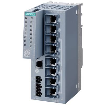 Sivý sieťový prepínač Siemens s ôsmimi ethernetovými portami pre priemyselné použitie. Text na prednej strane: 'SCALANCE XC208G PoE'.