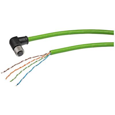 Zelený ethernetový kábel so stiahnutou izoláciou a koncovkou, zobrazujúci farebne izolované vodiče, vhodný pre sieťové pripojenia.