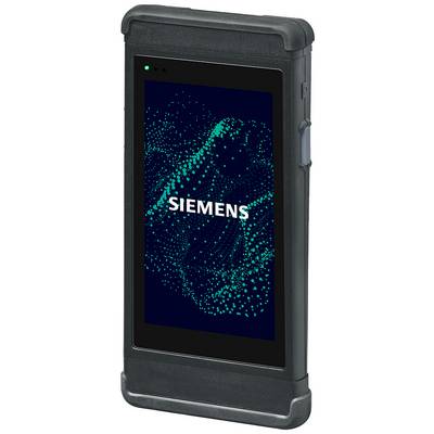Čierne, obdĺžnikové zariadenie s logom Siemens na obrazovke. Pozadie zobrazuje zelené, bodkované čiary v abstraktnom vzore.