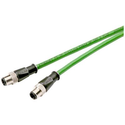 Zelený ethernetový kábel s M12 konektormi na oboch koncoch, vhodný pre priemyselné aplikácie a robustné prepojenia.