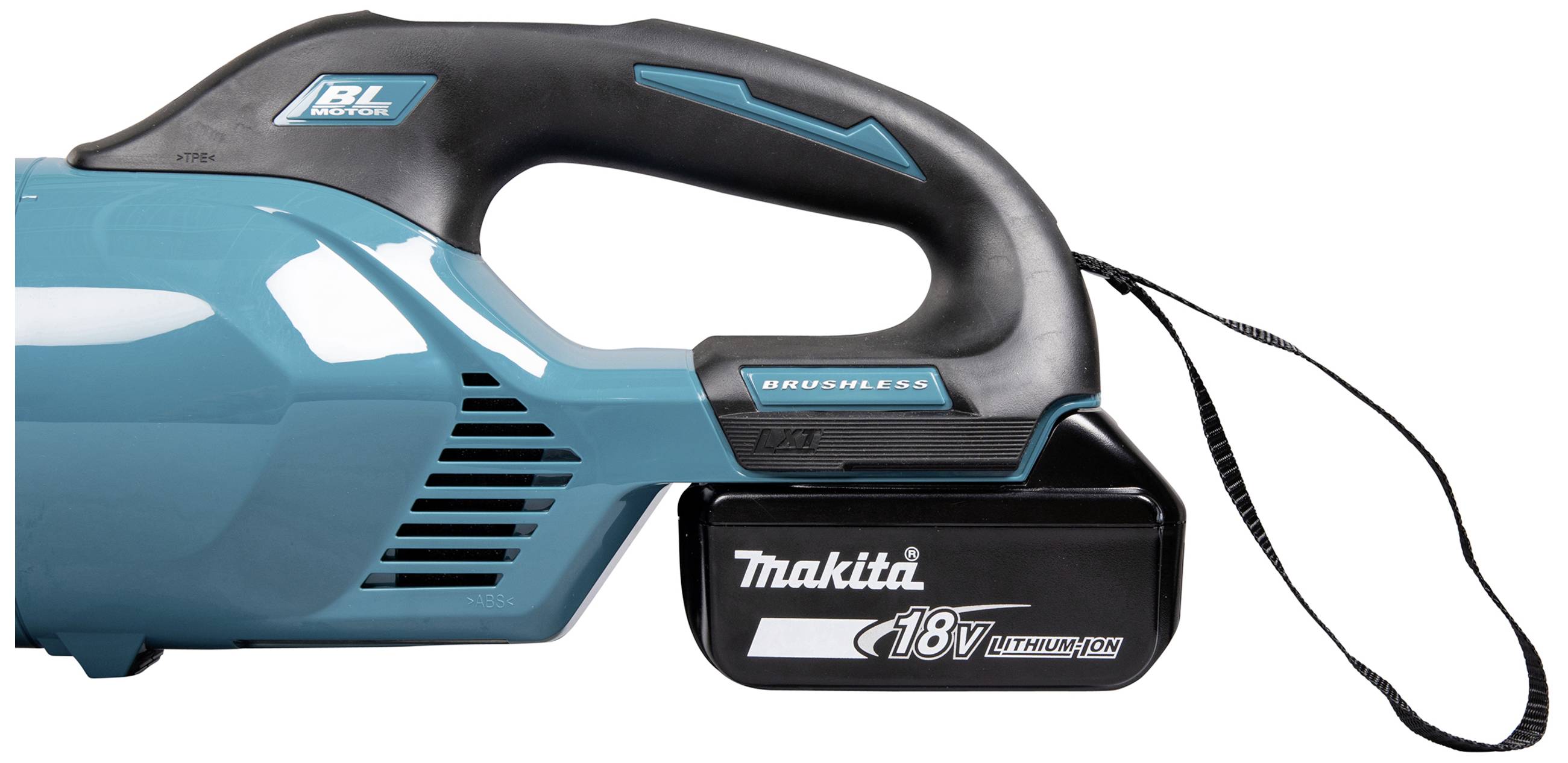 Akumulátorové ručné zariadenie od Makity, 18V lítiovo-iónový akumulátor, ergonomicky tvarovaná rukoväť, nálepka 'Brushless' na boku.