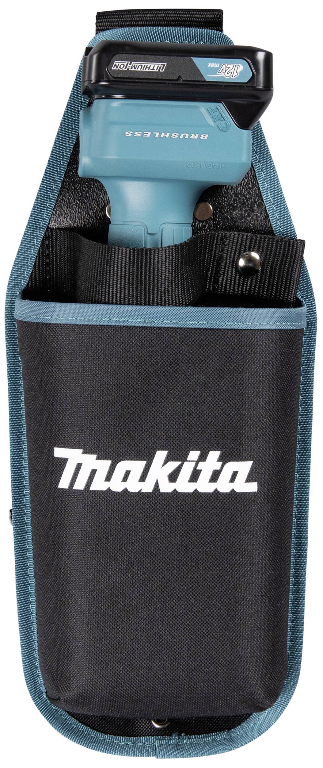 Modrý akumulátorový skrutkovač v čiernom textilnom púzdre s bielym logom 'Makita'.