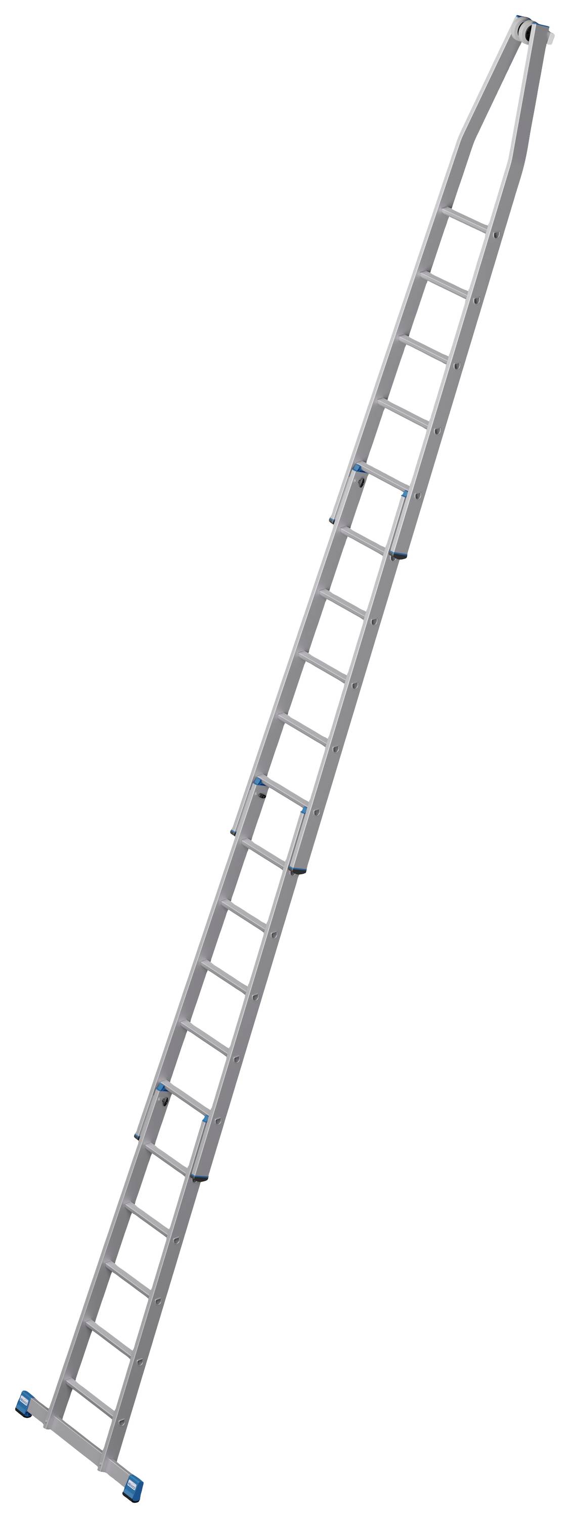 Sivý, dlhý hliníkový rebrík oproti bielemu pozadiu, smerujúci šikmo nahor.