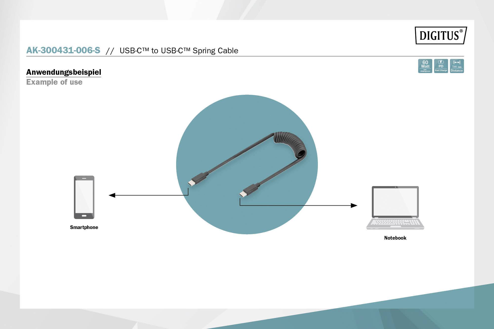 Príklad použitia USB-C na USB-C kábla. Vľavo smartfón, vpravo notebook, prepojené káblom.