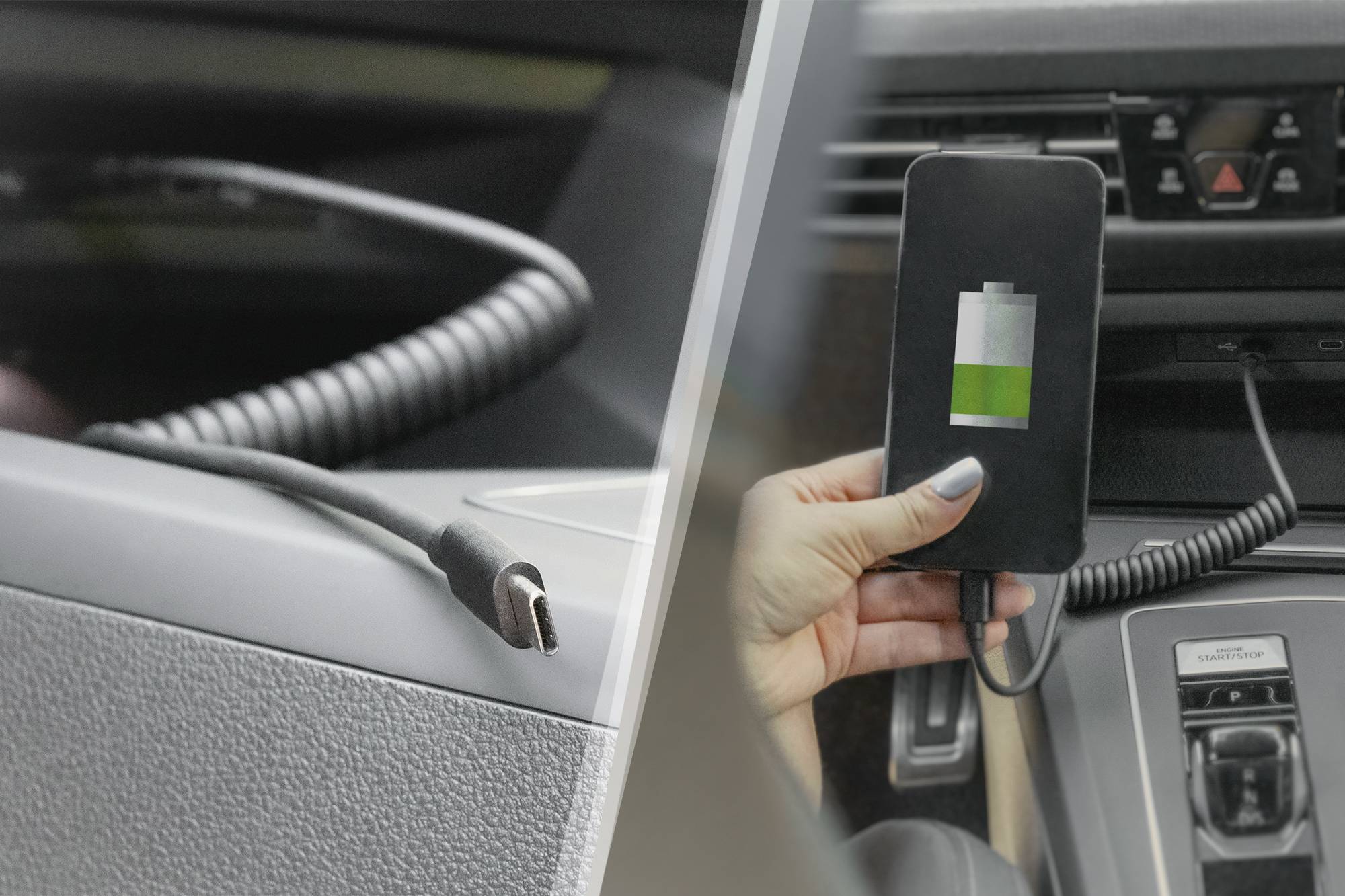 Smartfón sa v aute nabíja pomocou nabíjacieho kábla. Na displeji telefónu je zobrazená čiastočne nabitá batéria.