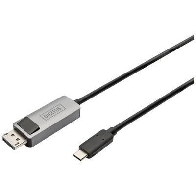 Adaptérový kábel z USB-C na DisplayPort, prevažne v čiernej a sivej farbe, umožňuje prepojenie medzi rôznymi zariadeniami.