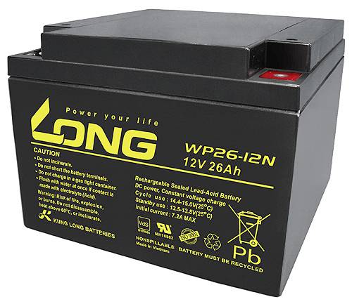 Čierna olovená batéria značky Long, model WP26-12N, 12V 26Ah. Bezpečnostné pokyny a recyklačné označenia sú viditeľné.
