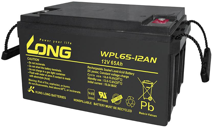 Čierna autobatéria s žltým logom 'LONG' a nápisom modelu 'WPL65-12AN 12V 65Ah'. Na pravej strane sú technické symboly a bezpečnostné upozornenia.