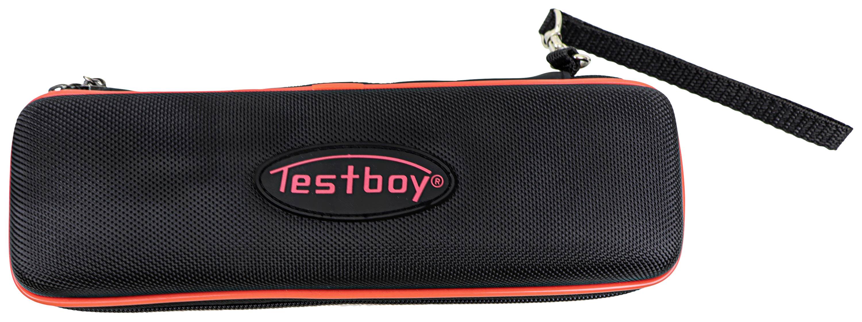 Čierne púzdro s červeným akcentom a nápisom 'Testboy' uprostred. Úchytka na prenášanie na pravej strane.